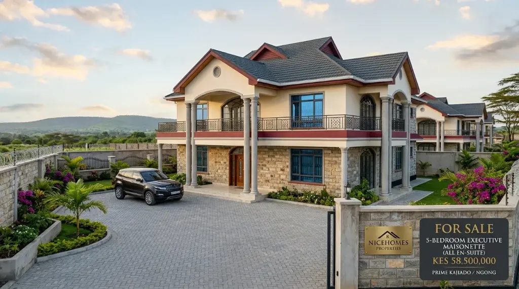 Specs: 5-Bedroom Executive Maisonette (All En-Suite)  Features: Natural stone masonry, spacious multi-level architectural design, luxury balconies, gated community secure compound, extensive cabro paving, and lush tropical landscaping (palms, bougainvillea).
